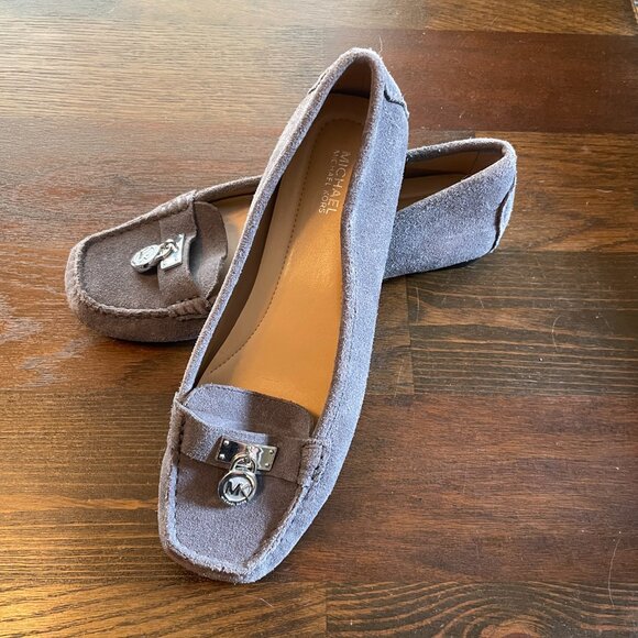 Michael Kors Moccasin Loafers Suede Size 7M Gray Square Toe Padlock Logo - Picture 2 of 8